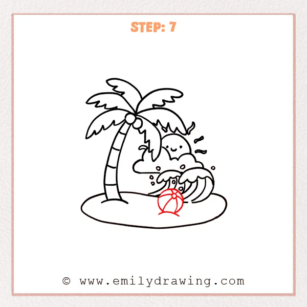 how to draw a cartoon beach - A cartoon beach scene with a palm tree, waves with bubbles, and a striped beach ball added on the sandy island in the foreground.